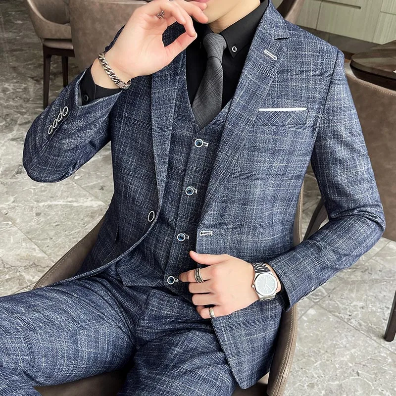 

Men 3 Pieces Suit Spring Autumn Plaid Slim Fit Business Formal Casual Check Suits Office Work Party Prom Wedding Groom