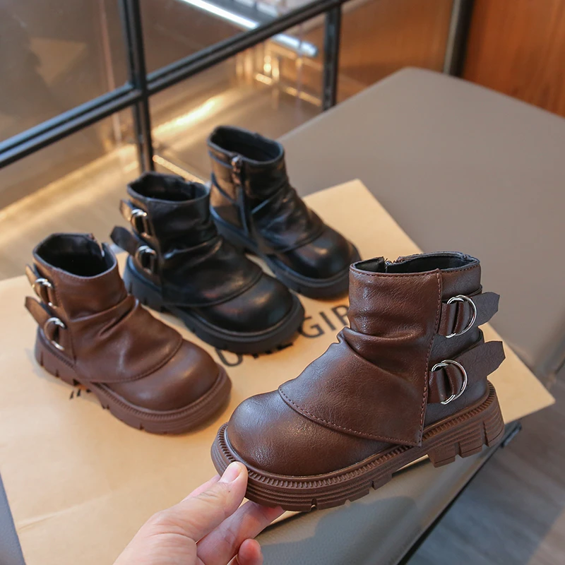 

Сапоги принцессы для девочек, модные детские короткие кожаные сапоги, высокие нескользящие детские уличные ботильоны на молнии, весна-осень 2023 г.