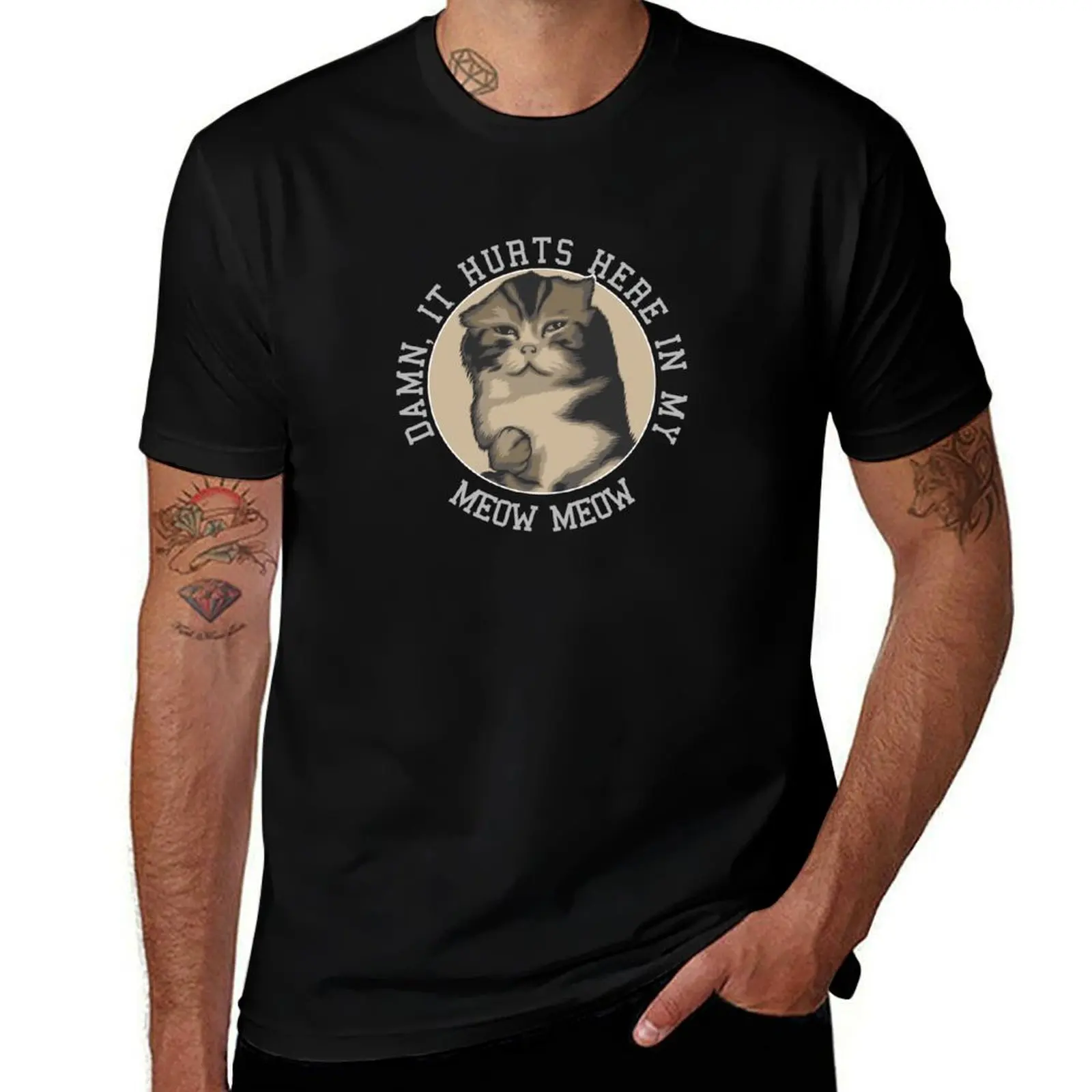 It Hurts Here In My Meow Meow Cat Meme T-Shirt Casual Pattern Print Tee Shirt T-Shirt