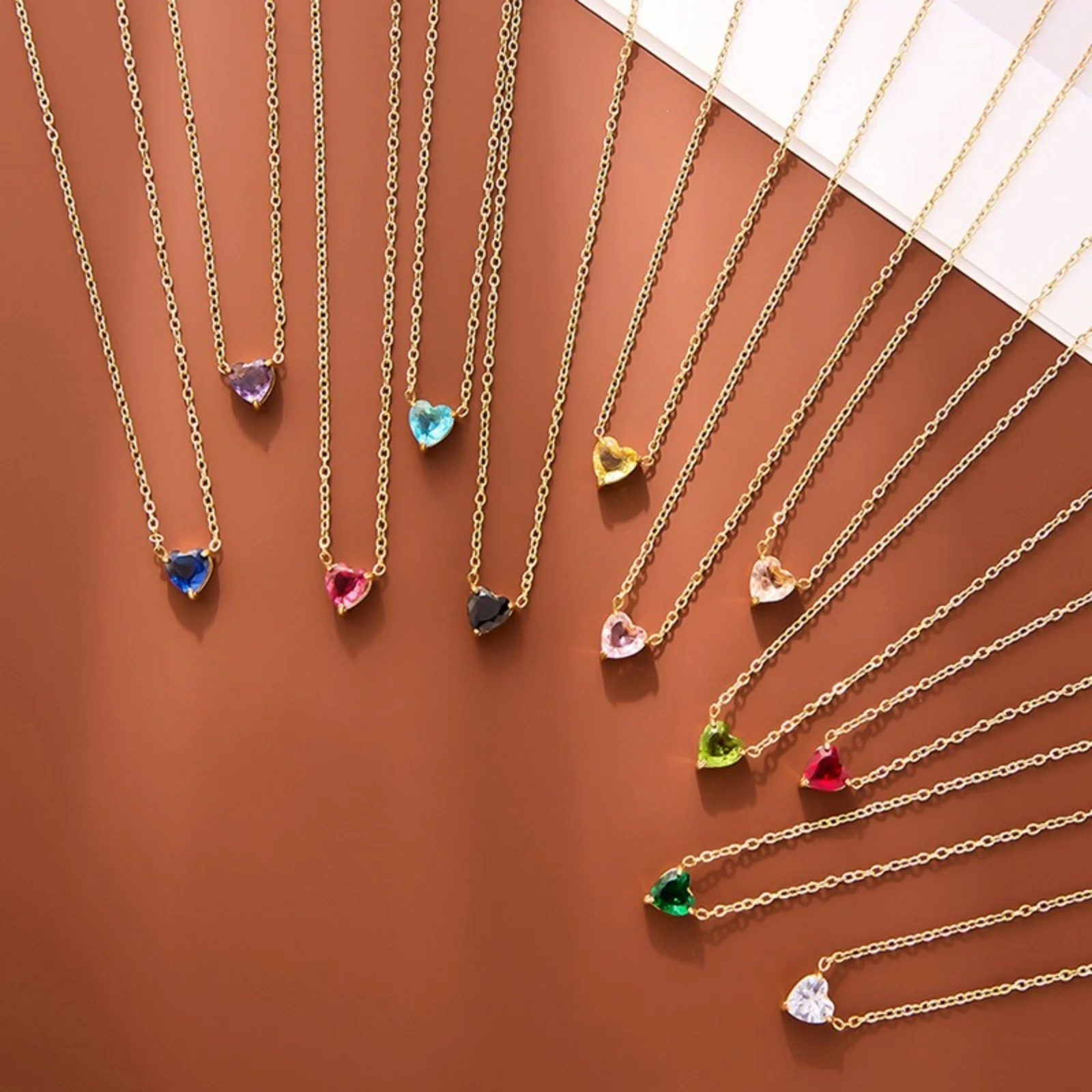 1pc Stainless Steel Necklace 18K Gold Plated Link Cable Chain Multicolor Heart Birthstone Pendant Charm Necklace Women Jewelry