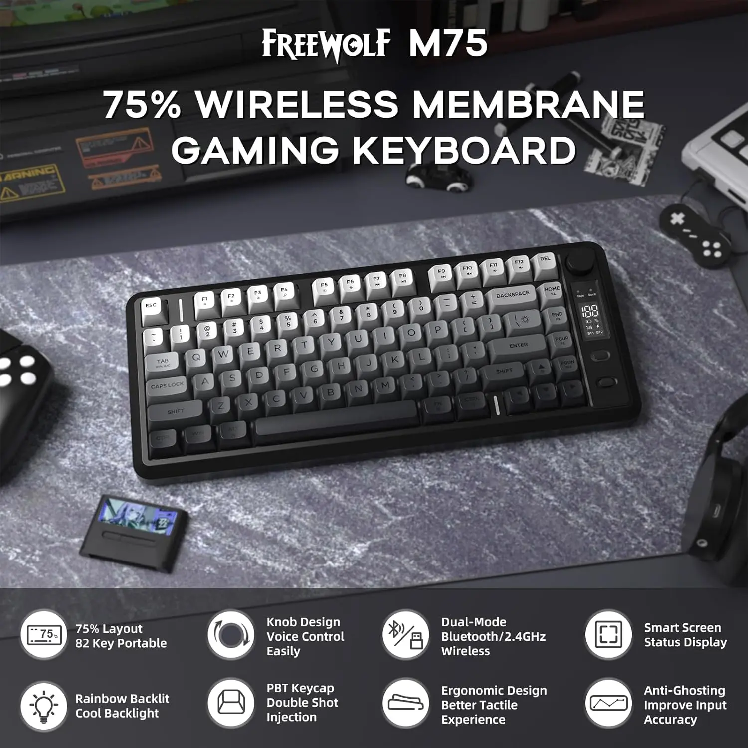 ATTACK SHARK M75 Wireless Membrane Gaming Keyboard with Knob&OLED Display Bluetooth/2.4Ghz Rainbow Backlit Gradient PBT Keycaps