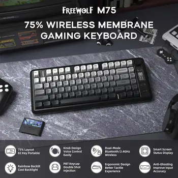 ATTACK SHARK M75 Wireless Membrane Gaming Keyboard with Knob&OLED Display Bluetooth/2.4Ghz Rainbow Backlit Gradient PBT Keycaps