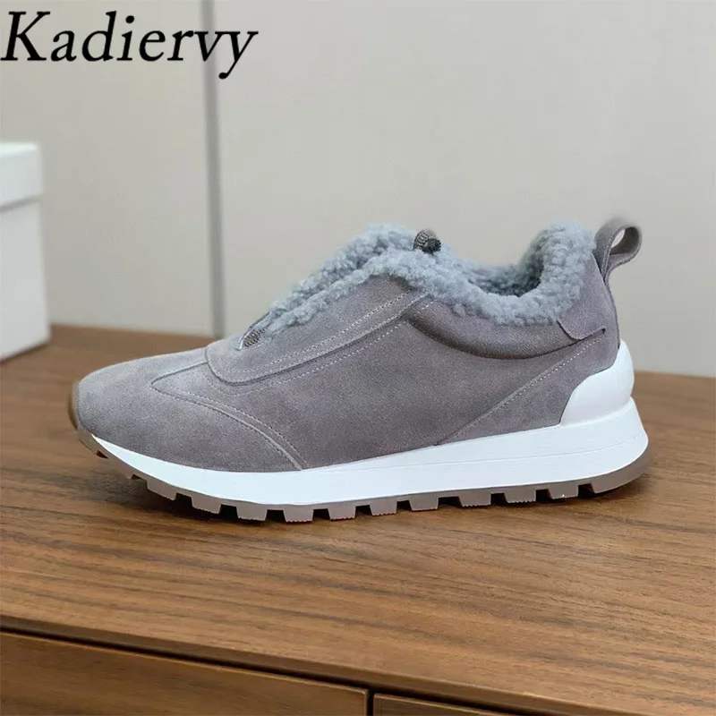 Casual Sneakers For Women Lace Up String Bead Wool Warm Winter Shoes Ladies Cow Suede Running Shoes Flat Sports Shoes Woman