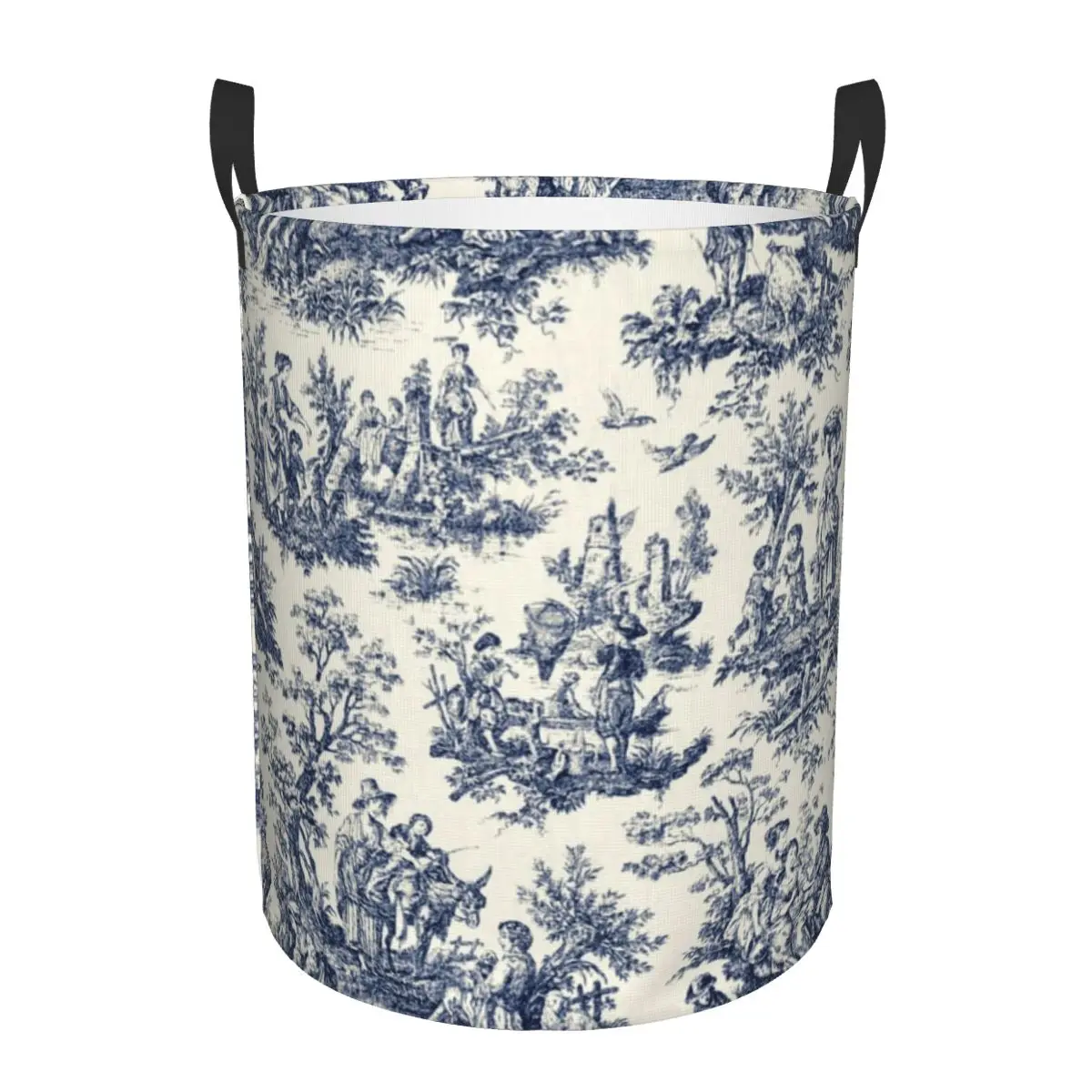 Custom Vintage Toile De Jouy Laundry Basket Foldable Navy Blue And White Clothes Toy Hamper Storage Bin for Kids Nursery