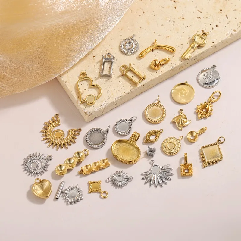 Mixed Blank Bezel Charms Stainless Steel Gold Silver Heart Sun Key Teardrop Pendant Bases For DIY Resin Jewelry Making Supplies