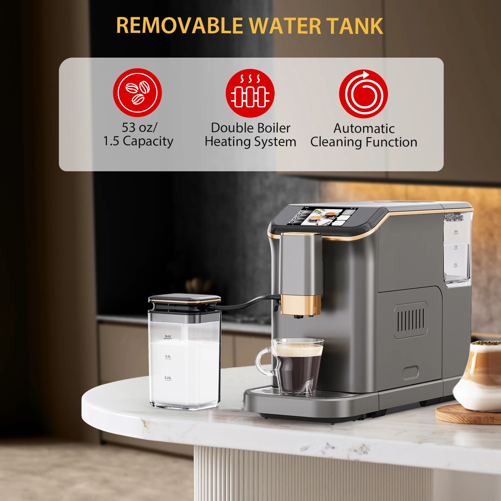 ماكينة اسبريسو أوتوماتيكية بالكامل، ماكينة صنع قهوة 20 بار مع مطحنة رغوة الحليب الأوتوماتيكية، ماكينة صنع القهوة 6 أنواع من القهوة