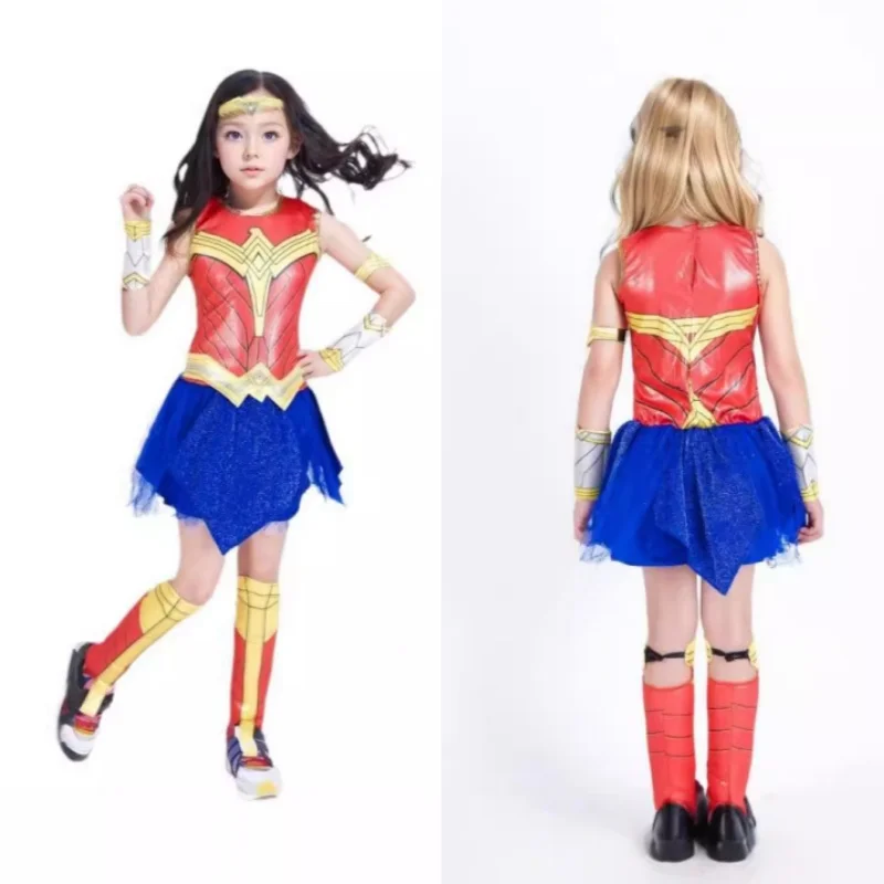 

Костюм греческой воинской принцессы для девочек, платье супергероя, красно-сине-золотой косплей-набор, детская униформа на Хэллоуин, блестящий металлический наряд для вечеринки