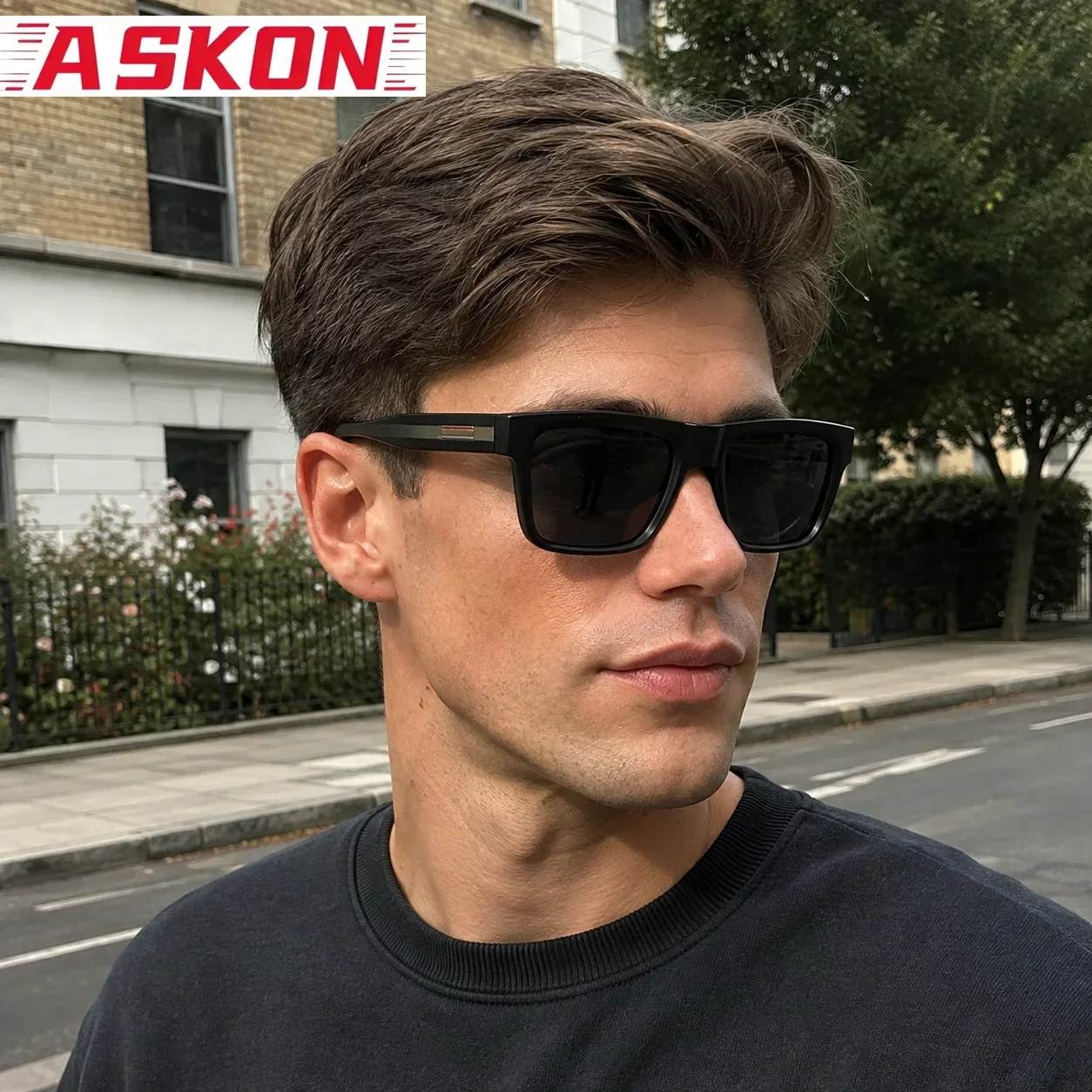 ASKON New Fashion Polarized Driving Sunglasses Men Oversized Flat Top Square Sun Glasses Sport Stripe Temple Outdoor ShadesUV400