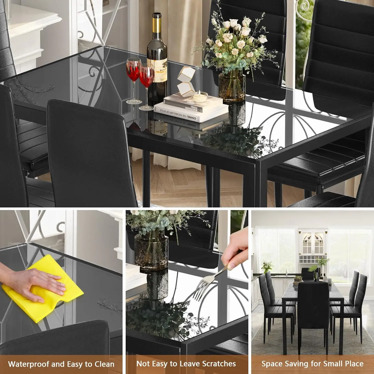 NEW 7 Piece Kitchen 6 Person, Tempered Glass Table and PU Leather Chairs Modern Dining Room Sets for Small Space, Black