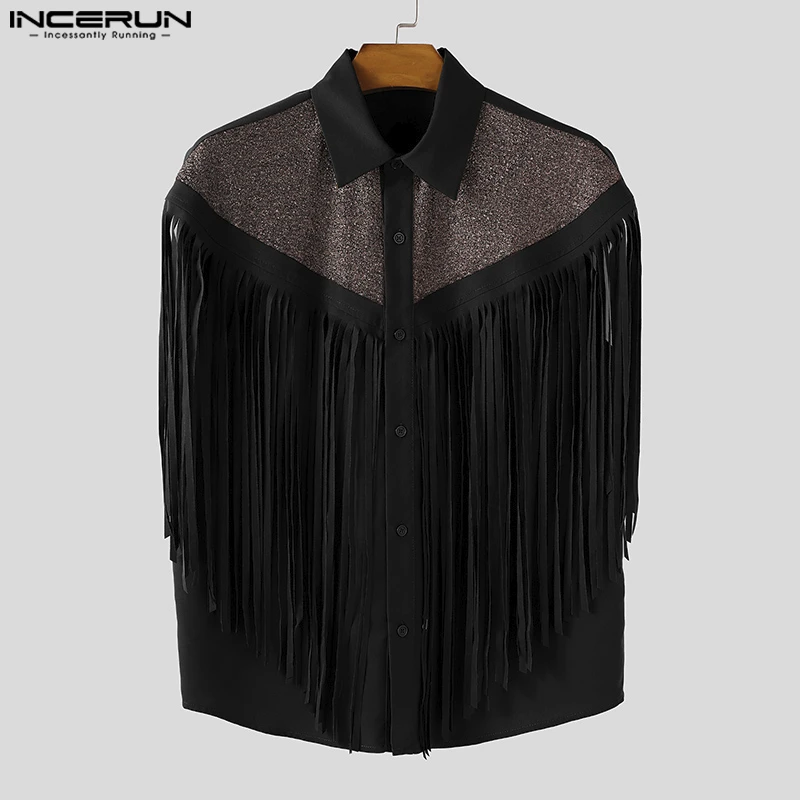 INCERUN Men Shirt Shiny Tassel Patchwork Lapel Short Sleeve Men Clothing Streetwear Loose 2025 Fashion Casual Camisas Party Tops