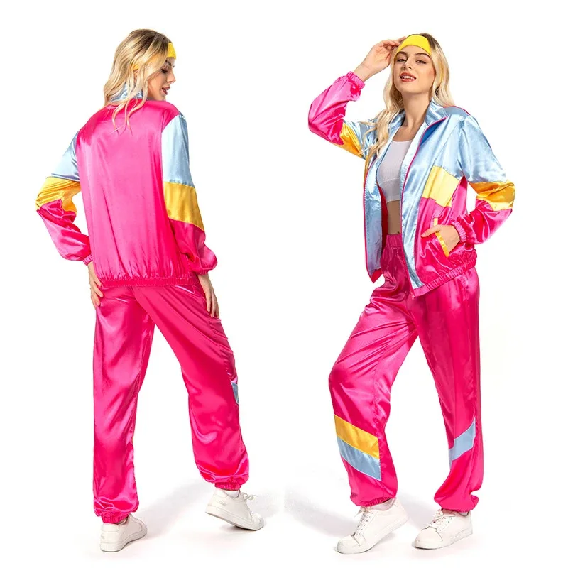 الوردي النساء ملابس رياضية سترة السراويل عقال وتتسابق 80s 90s ريترو خمر تأثيري قطعتين سترة واقية مجموعة هالوين بدلة الحفلات