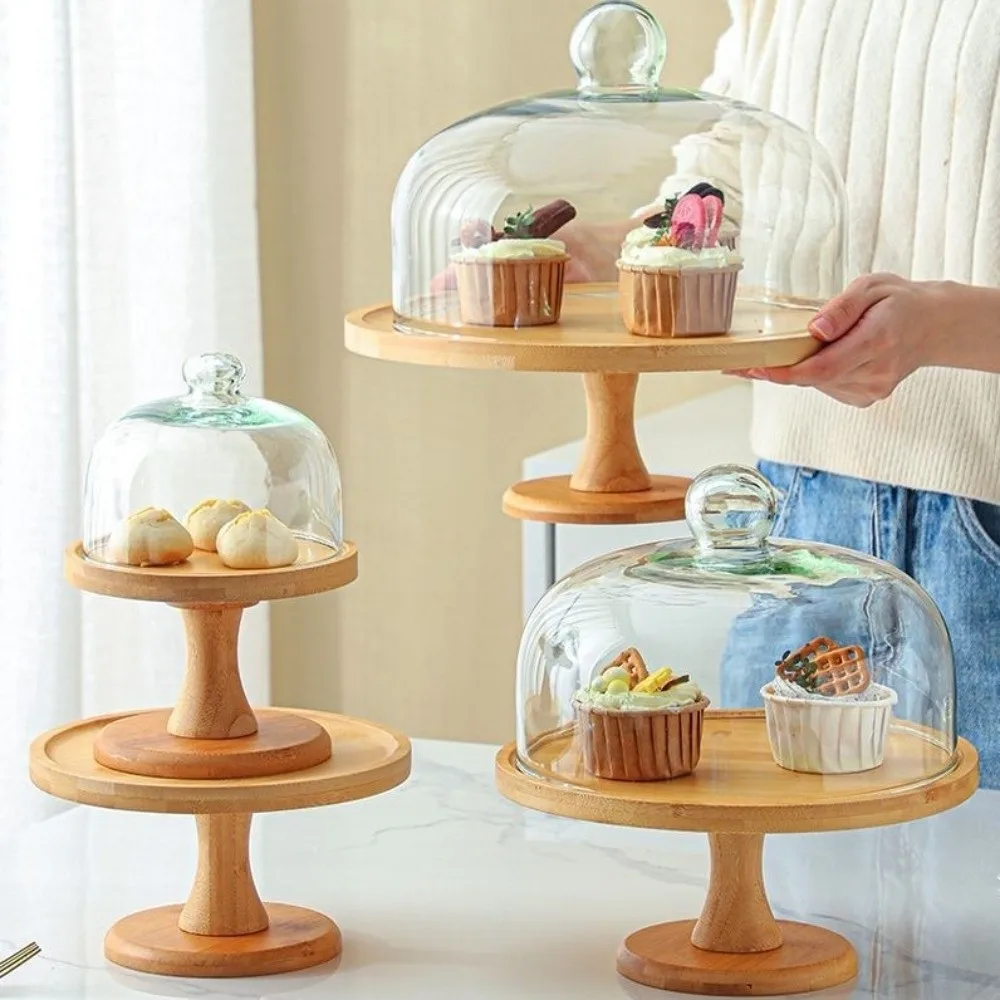

Multifunctional Glass Cover Wooden Cake Stand Transparent Vintage Cake Display Stand with Lid Household Butter Box Dessert Table