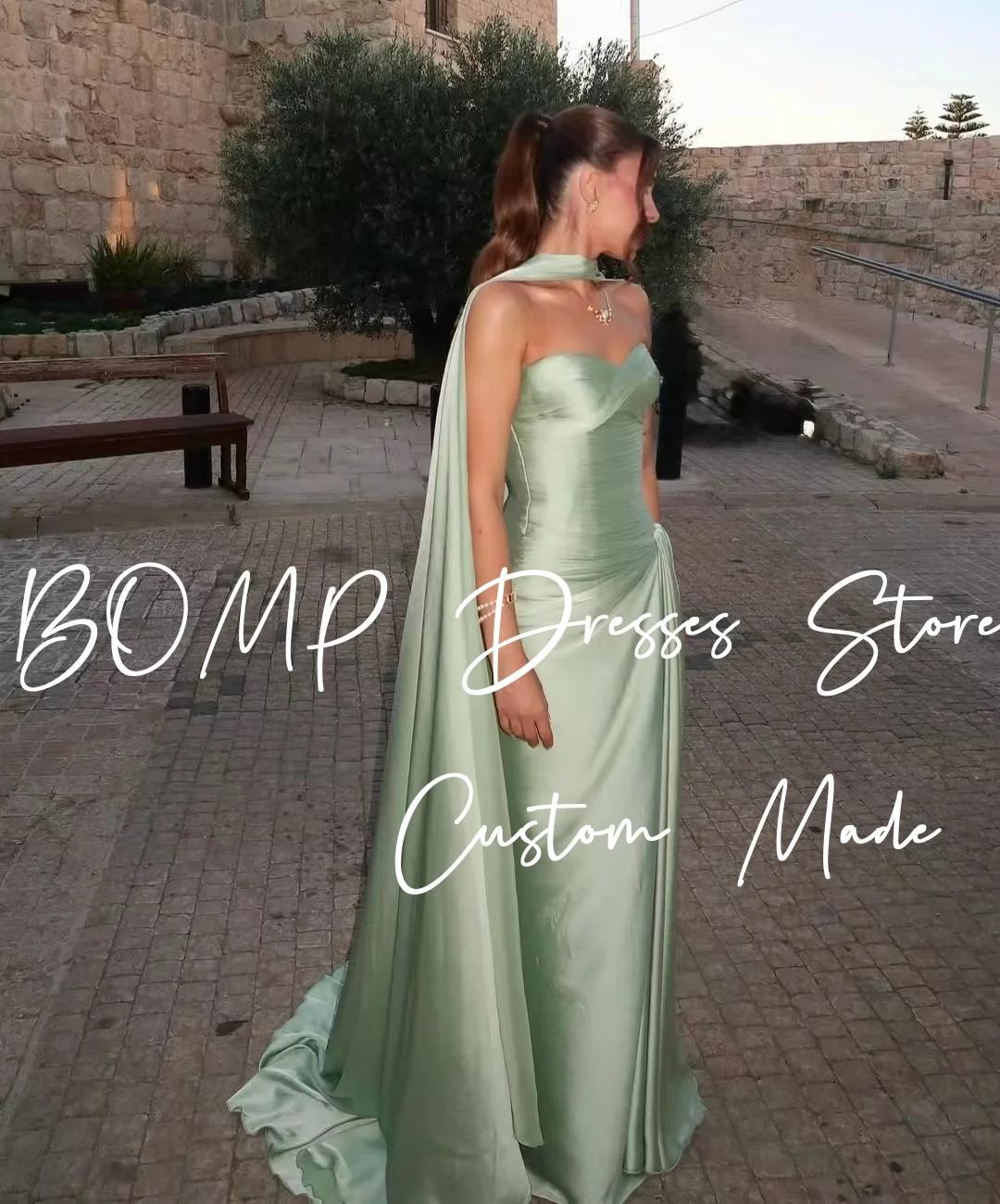 BOMP Abito da sera elegante senza spalline drappeggiato a sirena lunghezza pavimento sciarpa in raso occasione formale abito da festa di nozze personalizzato