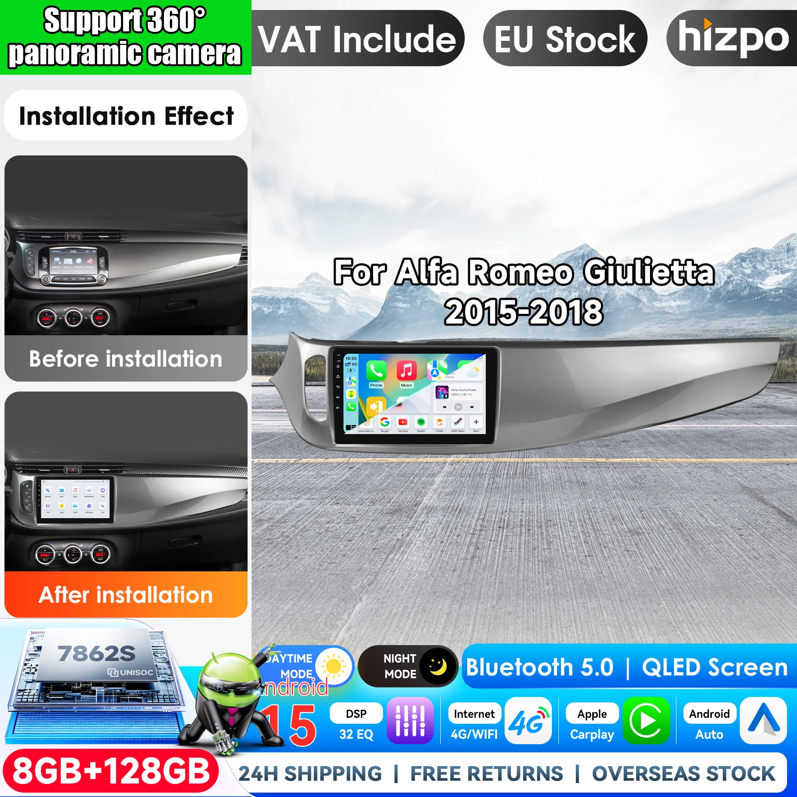 Hizpo Autoradio sans fil CarPlay Android Auto 9 pouces pour Alfa Romeo Giulietta 2010 - 2018 Systèmes intelligents multimédias sans fil Apple CarPlay Écran tactile IPS Lecteur vidéo stéréo 2Din Autoradio Navigation BT GPS 4G WIFI FM AM DSP RDS SWC