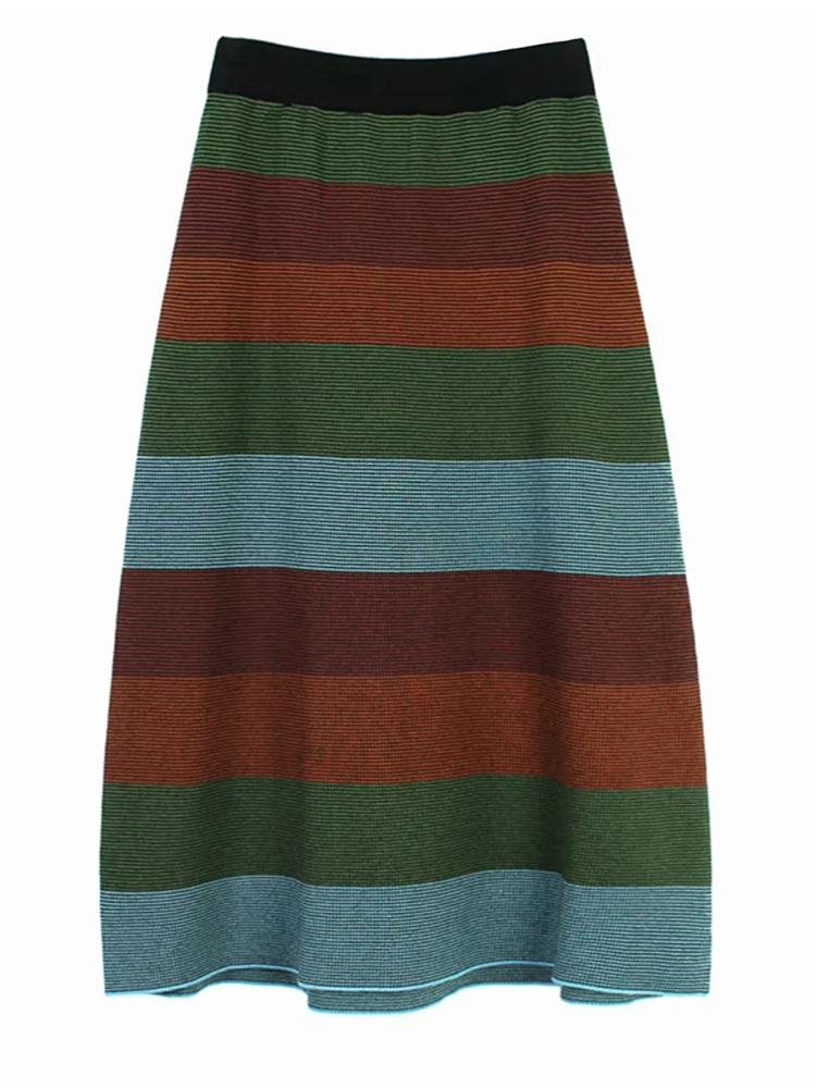 [EAM] High Elastic Waist Green Striped Color-block Knitting Half-body Skirt Women Fashion Tide New Spring Autumn 2025 1DH6799