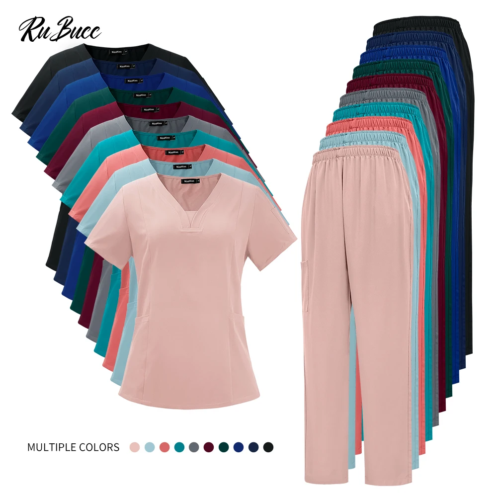 V Neck Scrub Uniforms Set Women Short Sleeve Hospital Nurse Uniform Female Spa Beauty Salon Working Clothes Pocket Pullover Suit