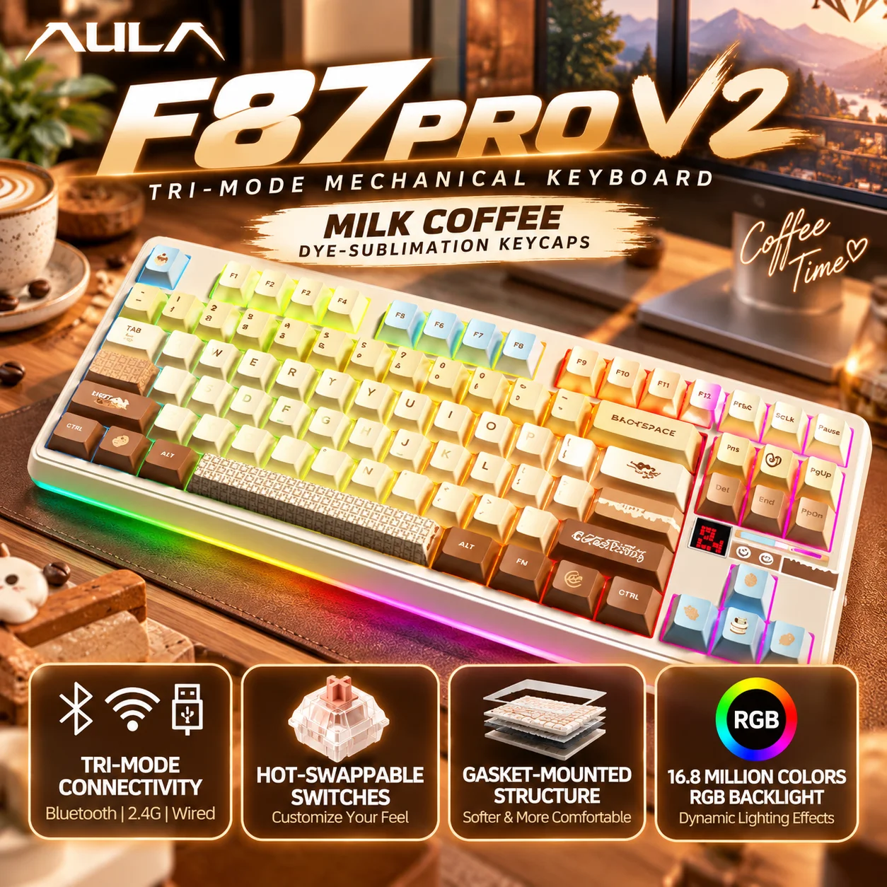 AULA F87PRO V2 87-Key Mechanical Gaming Keyboard 8K Tri-Mode Wireless RGB Hot Swappable Gasket Mount
