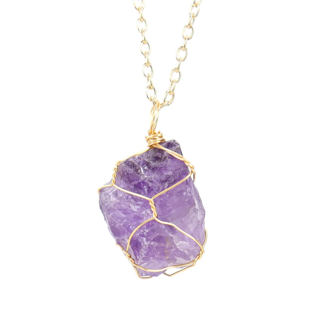 Nature Stone Pendant Necklace Amethyst Rose Quartz Lemon Crystal Fluorite Wire Wrapped Raw Gemstone Healing Crystal Jewelry