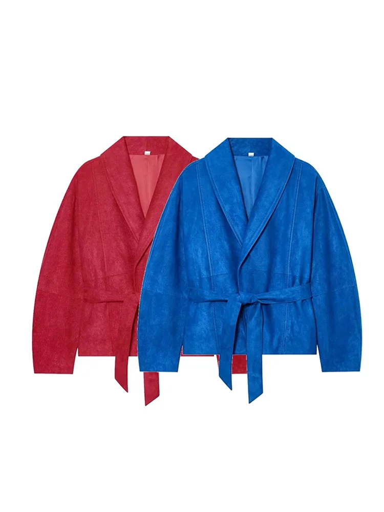 Autumn Fashion Women Suede Jackets Women Elegant Laple With Belt Coats Leisure Long Sleeve Commute Solid Short Lady Coat