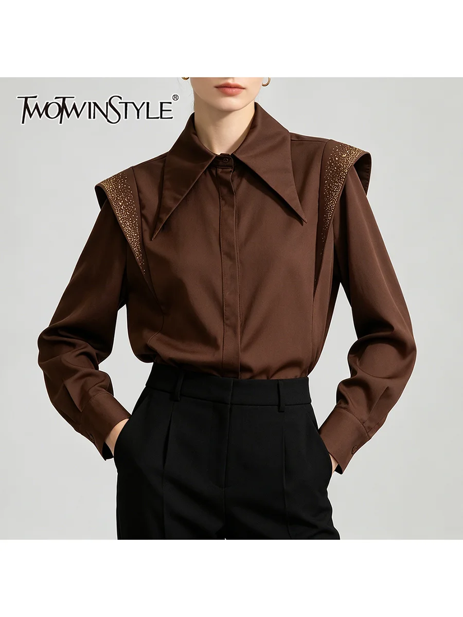 

TWOTWINSTYLE Patchwork Sequins Shirts for Women Lapel Long Sleeve Spliced Button Solid Casual Blouse Female Fashion Clothing New