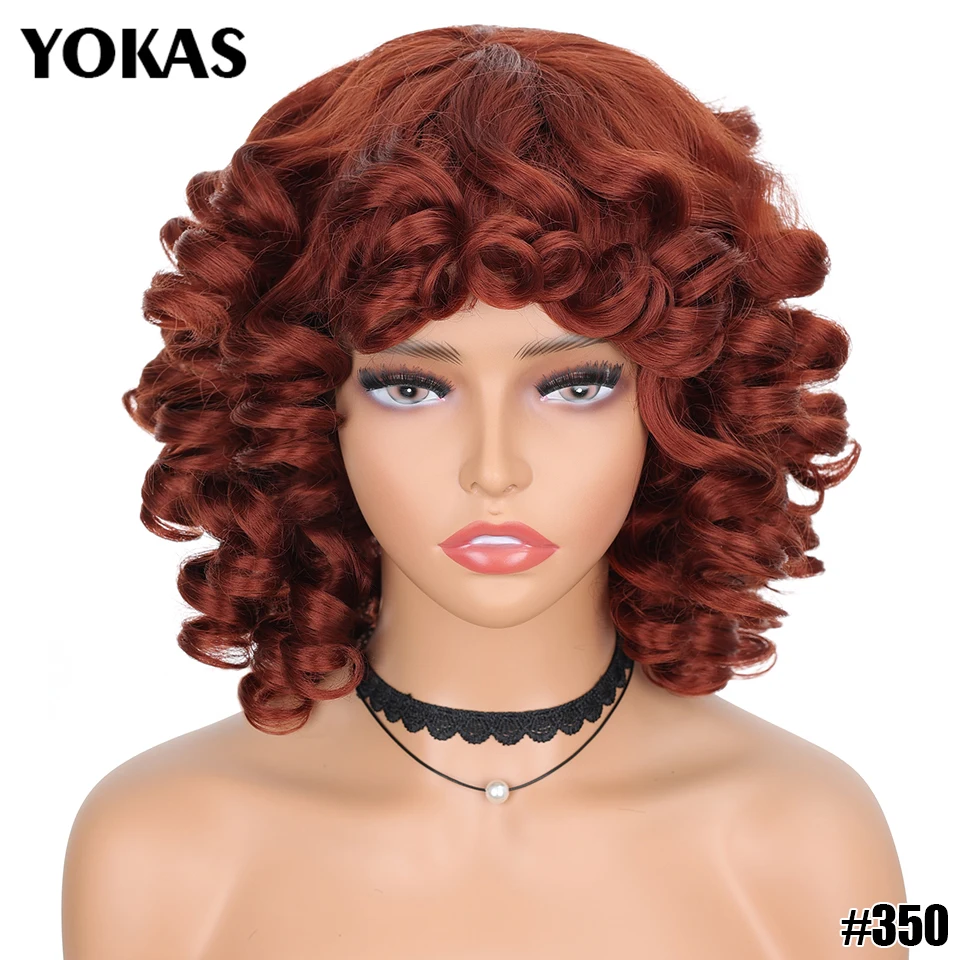 Kurze Haare Afro Verworrene Lockige Perücken Synthetische Mit Pony Für Schwarze Frauen Flauschige Afrikanische Ombre Cosplay Natürliche Braune Perücken Afro YOKAS – Detail 7