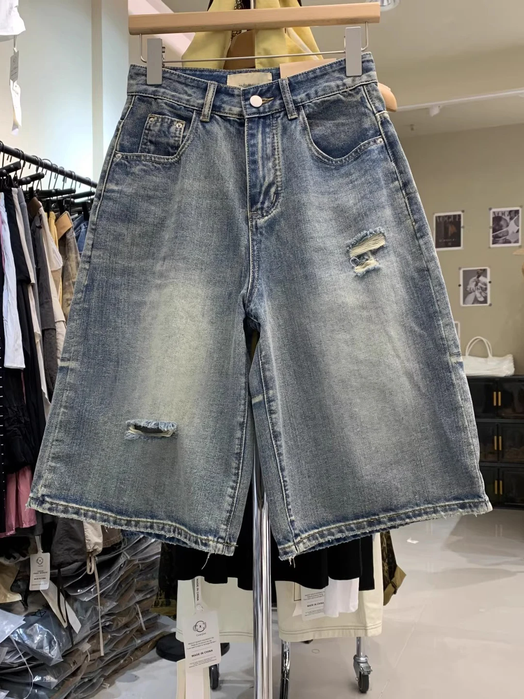 

American Sle Ripped Patchwork Seven-Foot Men's Jeans Summer New Trendy Brand Retro Wa Loose Straight Leg Wide Leg orts