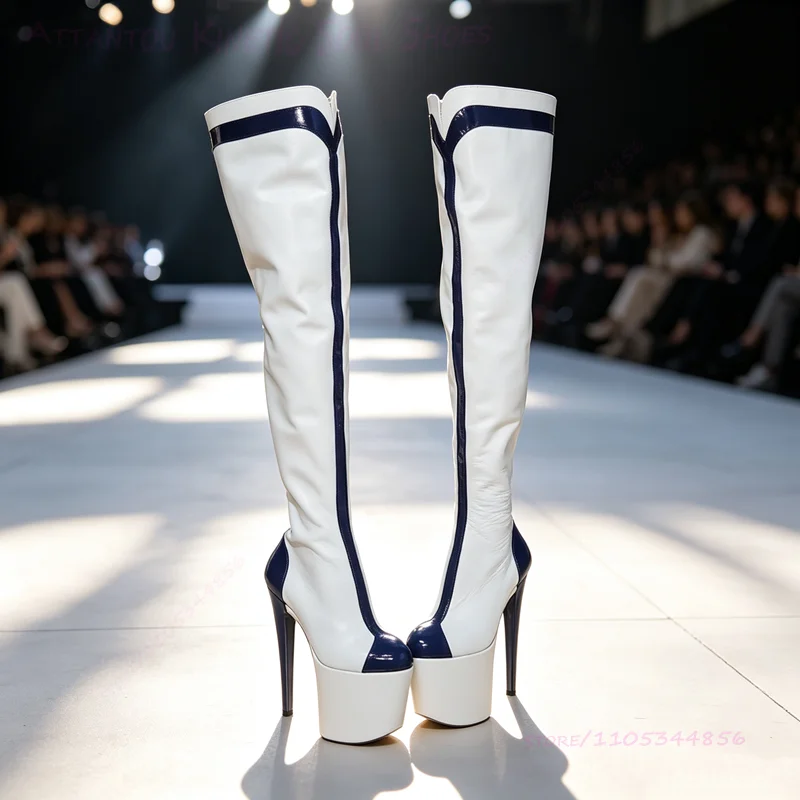 Navy Blue Striped White Leather Thigh Boots Women Platform Stiletto Heel Red Side Half Zip Long Loose Over Knee Boots Girls Shoe