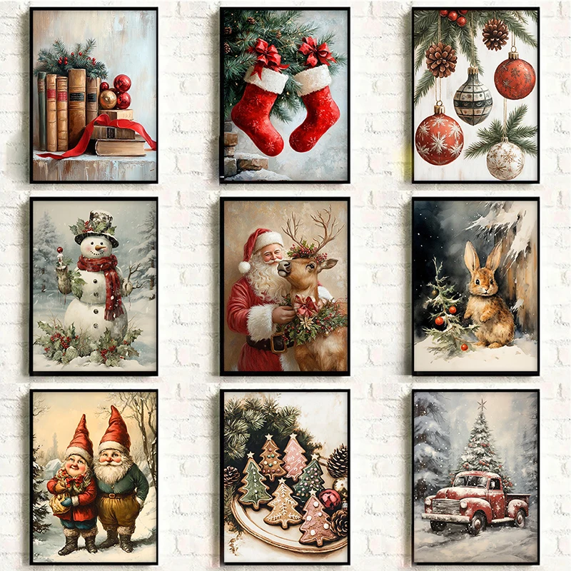 Vintage Christmas Poster Print for Living Room Winter Xmas Santa Claus Decoration Merry Christmas Tree Canvas Painting Wall Art