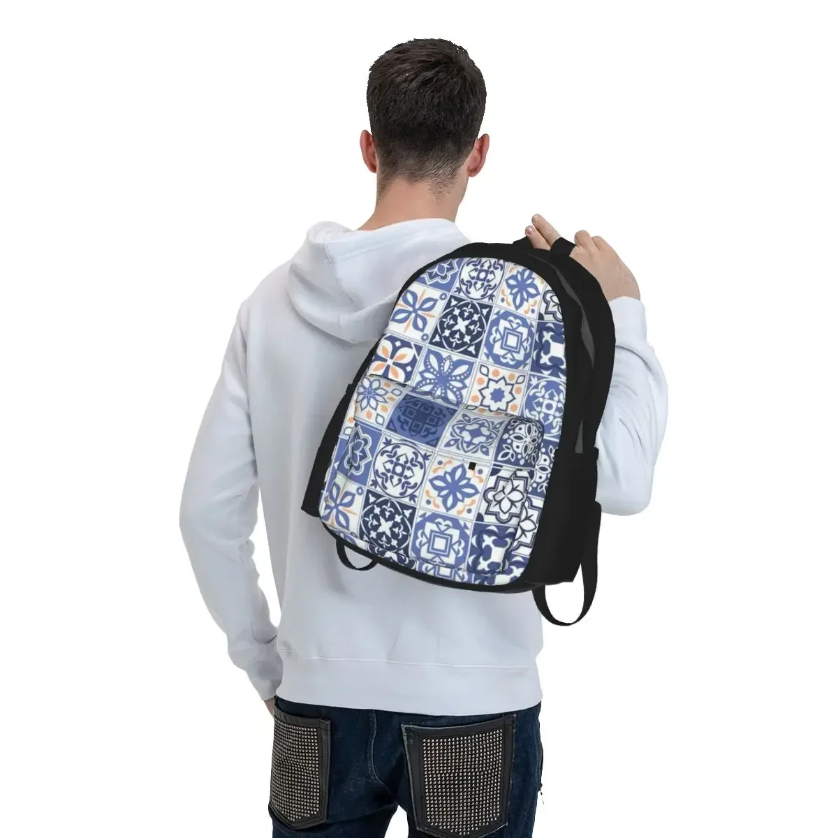 Blue Portuguese Tile Portugal Azulejo Flower Backpack Student BookBag Children School Bag Computer Shoulder Bags for Men Women