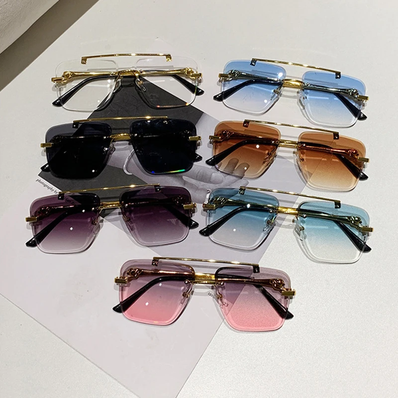 Rimless Square Pilot Sunglasses Women For Men Fashion Vintage Luxury Brand Designer Sun Glasses Punk Metal Gold Leopard Shades image 6