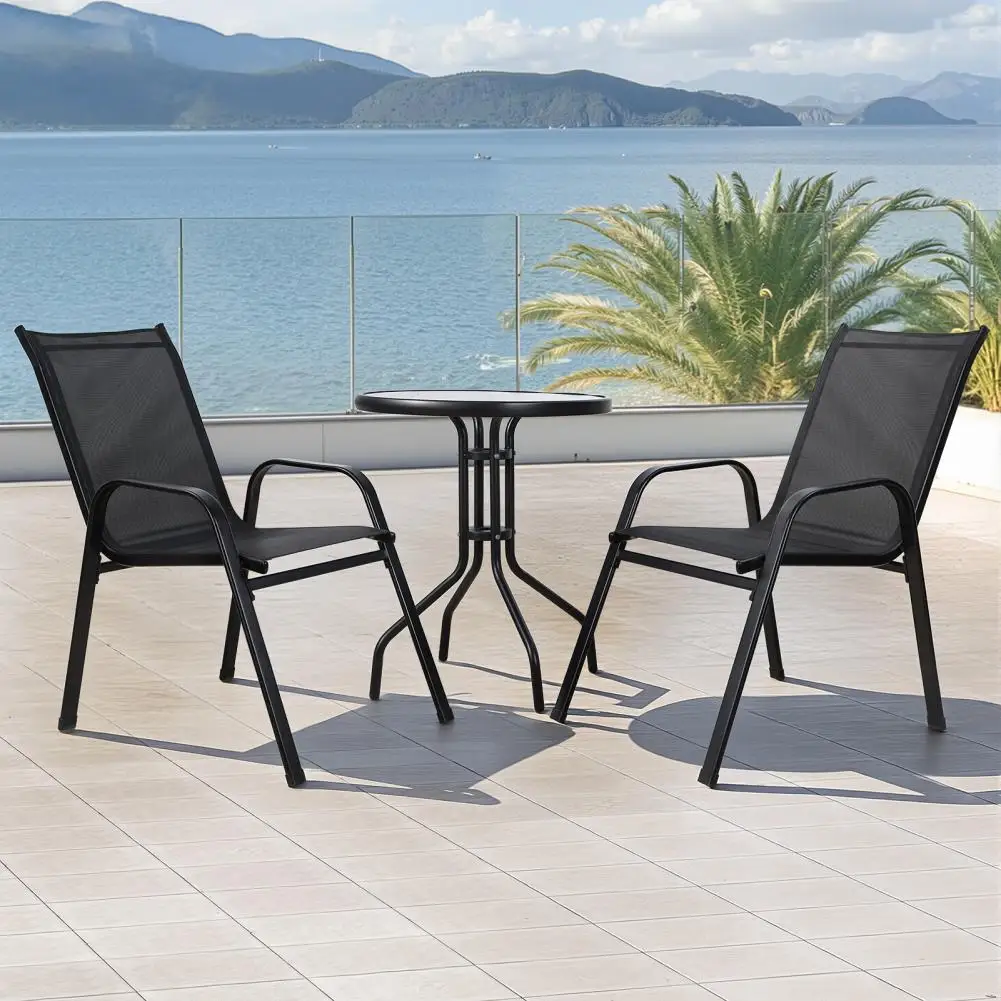 

Porch Garden Pool Yard Bistro Set 3 Piece Outdoor Dining Furniture Round Glass Tabletop 2 Foldable Chairs Table Set