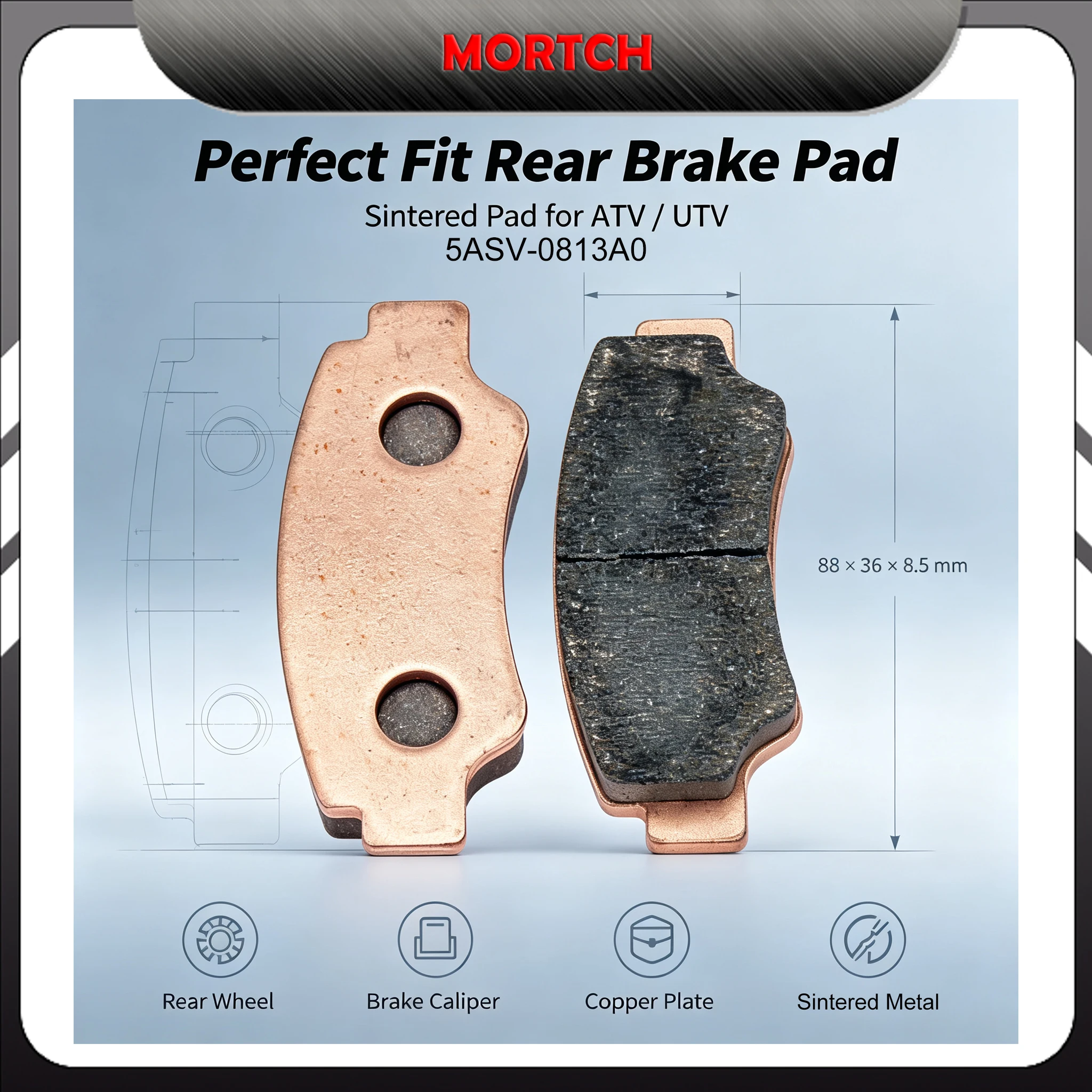 Rear Brake Sintered Pad 5ASV-0813A0 for CF Moto ATV UTV 2022-2025, 88×36×8.5mm, 2 Pads for Rear Wheel Brake Caliper