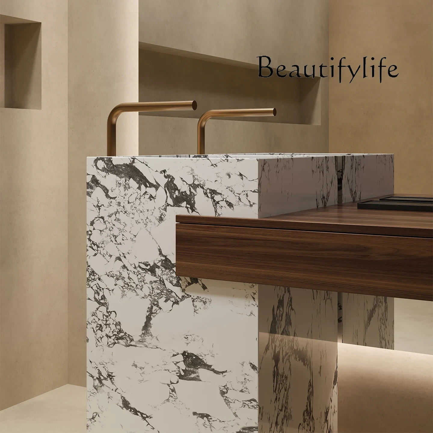 

BJ Hotel Villa Travertine Rock Slab Column Basin Wash Basin Integrated Outdoor Courtyard Bathroom Cabinet Designer