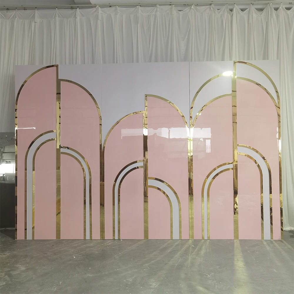 

Modern Rectangle Pink And Golden Edge Panel Marriage Backdrop For Sales