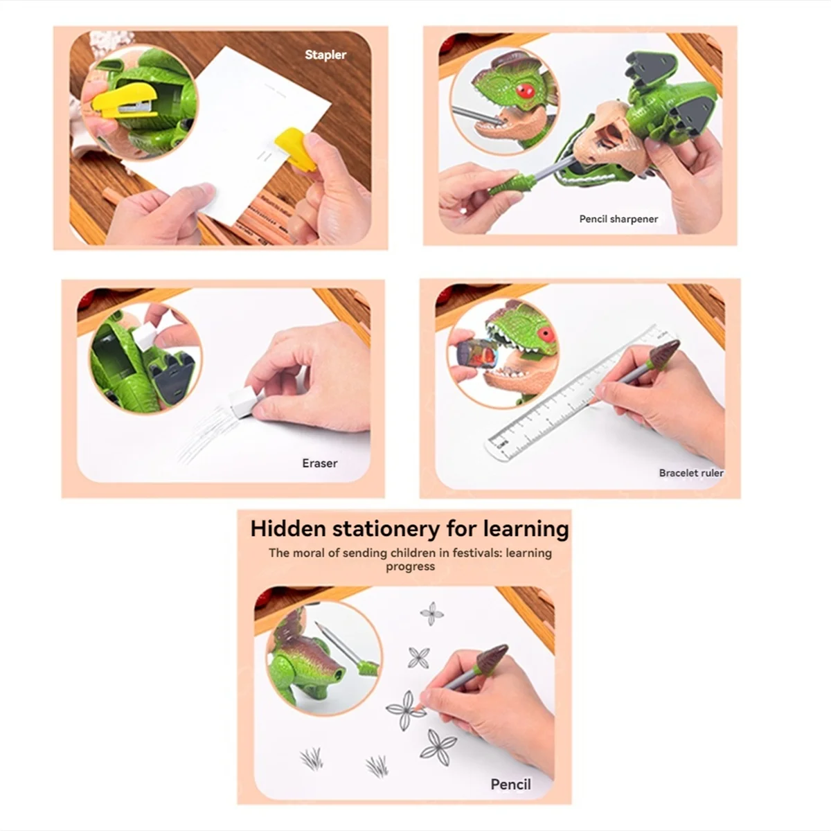 1Set Dinosaur Stationery, Eraser Ruler, Pencil Sharpener, Student Binding Machine, School Supplies, Gift Stationery D