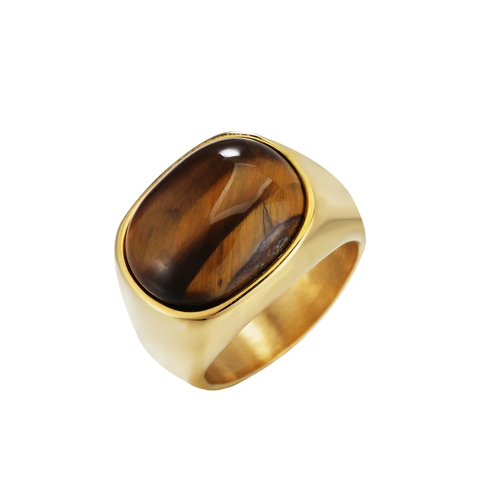 Fashion Punk Golden Color Tiger Eye Brown Stones Rings For Men Women Classic Simple Stainless Steel Stone Ring Party Jewelry view 5