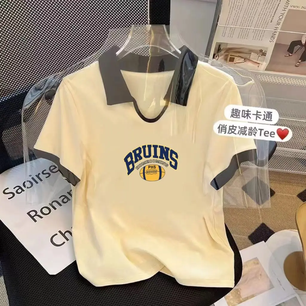 Camiseta de manga corta con cuello tipo POLO para mujer, diseño de contraste informal y versátil, top estampado a la moda, novedad de verano de 2024