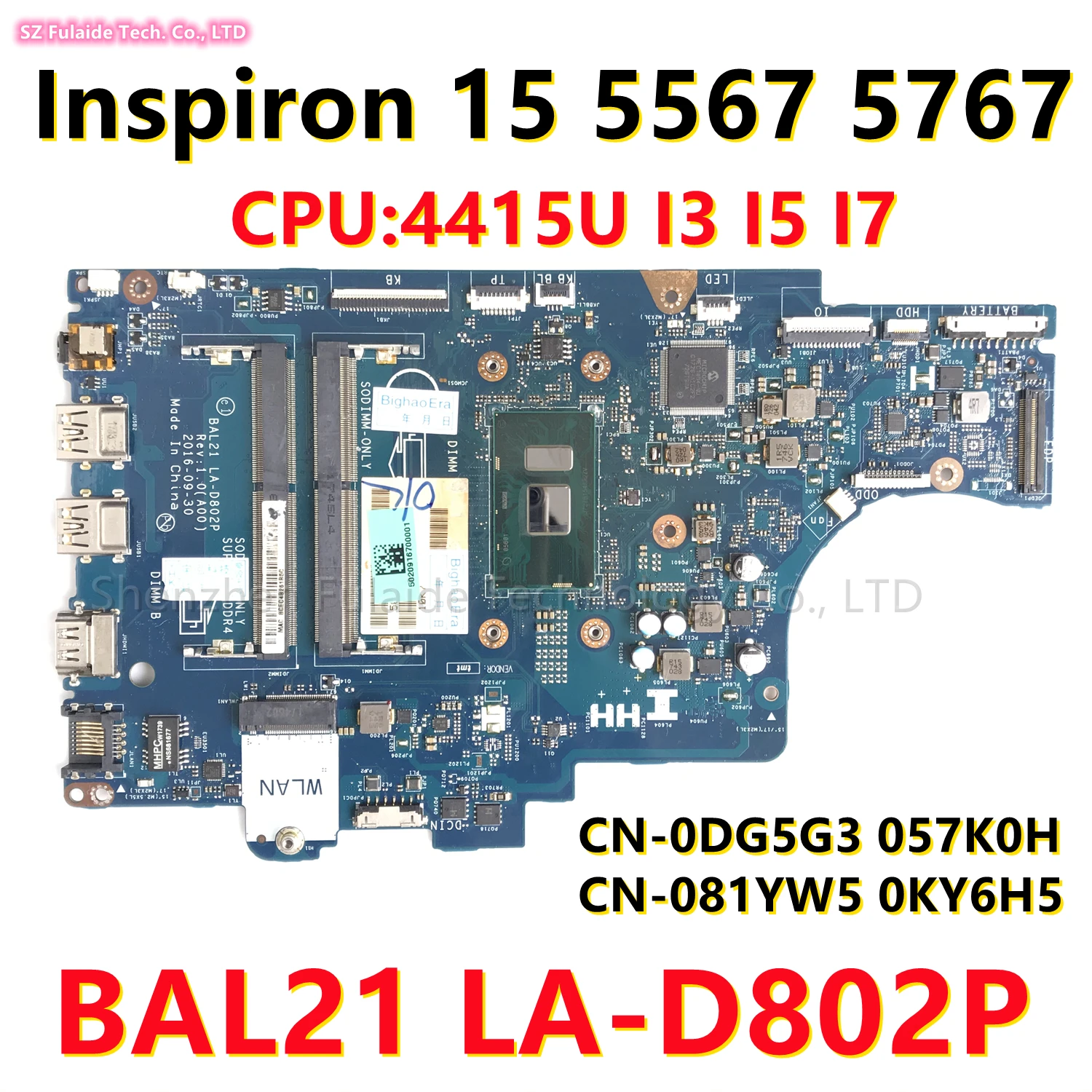 

BAL21 LA-D802P For dell Inspiron 15 5567 5767 Laptop Motherboard With 4415U I3 I5 I7 CPU CN-0DG5G3 081YW5 0KY6H5 057K0H 100% OK