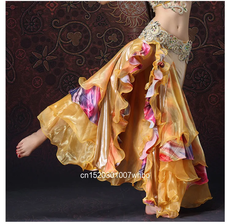 Nueva Falda de Danza del Vientre con Abertura Alta y Diseño Envolvente, Conjunto de Ropa de Actuación con Falda de Flores, Ropa Sexy para Espectáculos