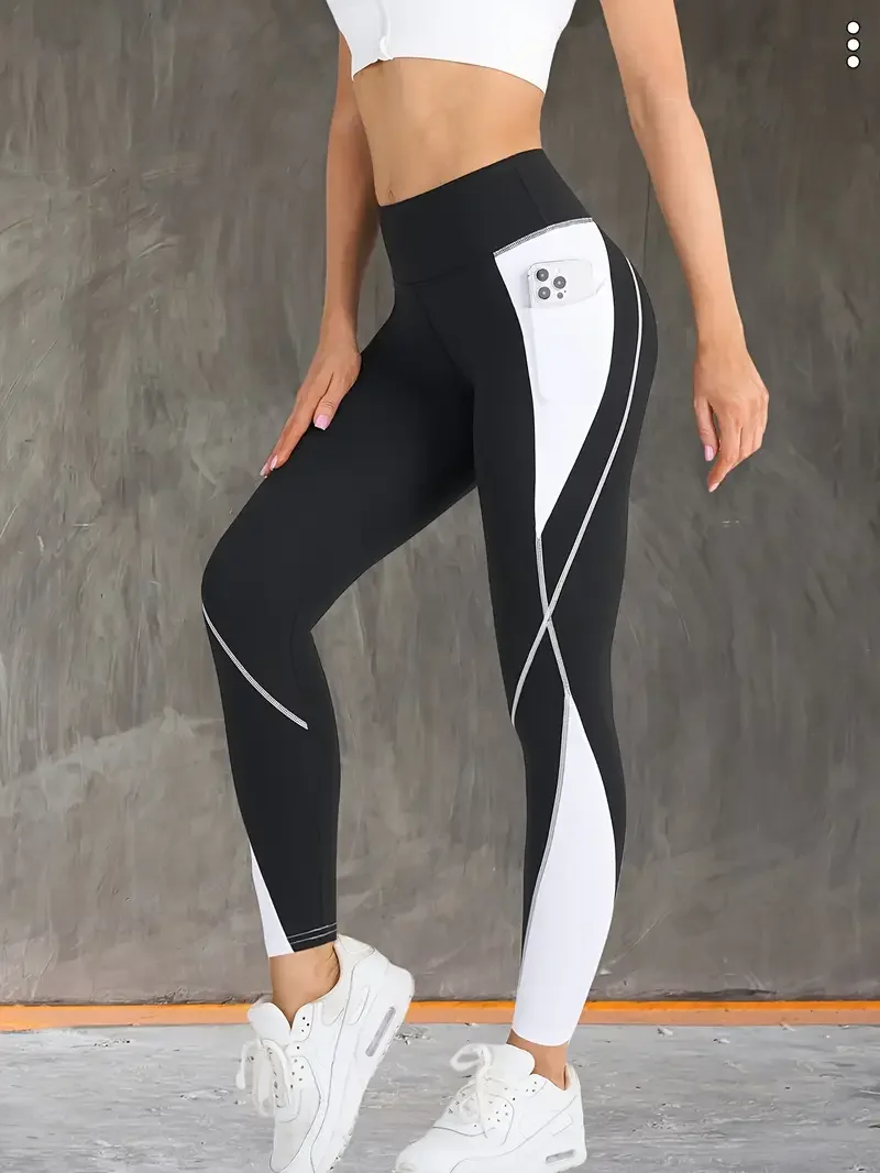 Contrast Color Patchwork Side Pocket Yoga Pants High Waist Tummy Control Hip Lifting Yoga Leggings Sportawear For Women image 5