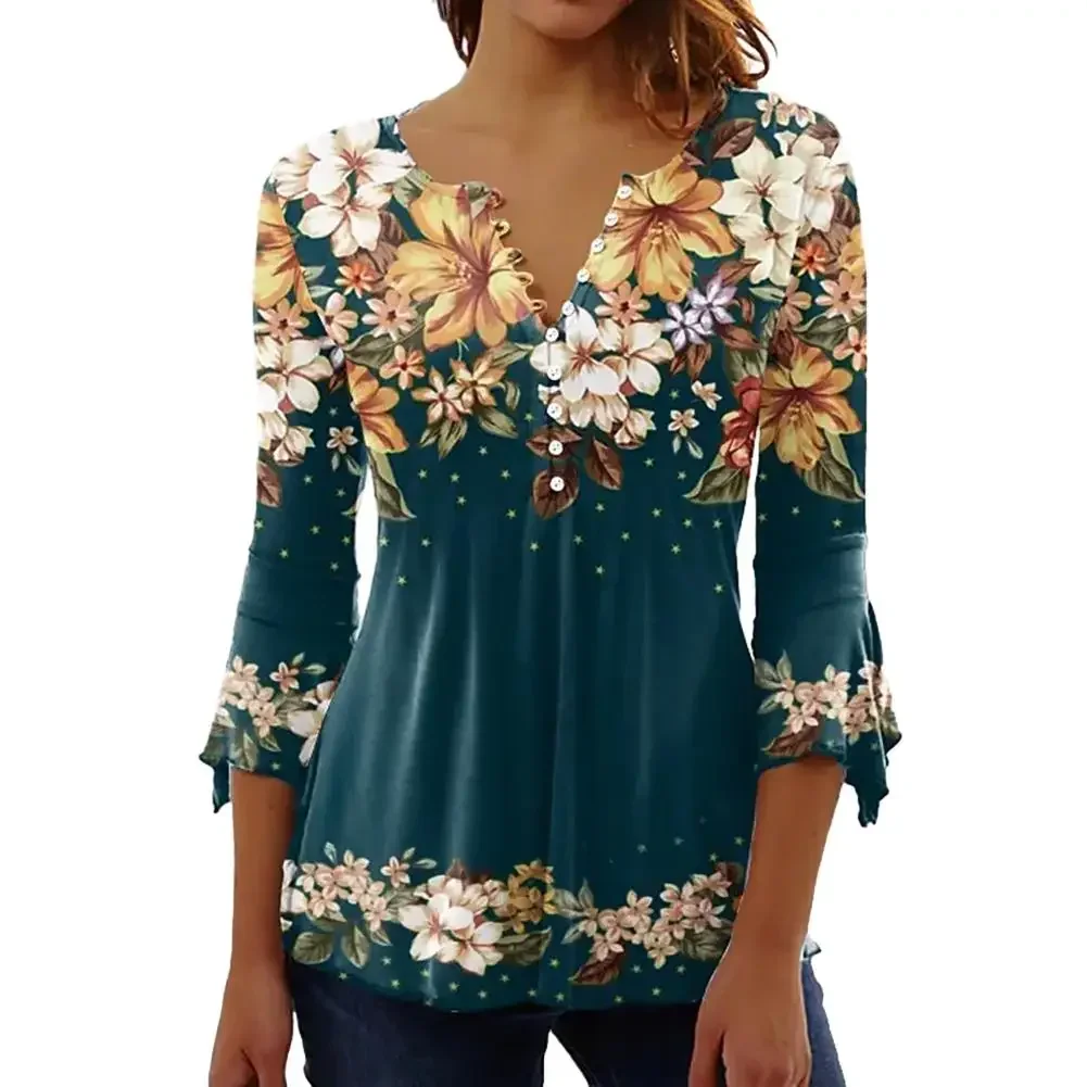 

Fashionable Women V Neck Button Down T Shirt Street Top Clothing Printed Casual Lady Shirt Available in Multiple Sizes