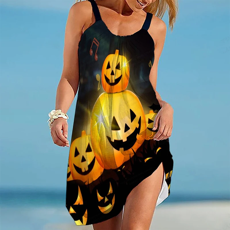 Pumpkin Traf Gothic Horror Ghost Halloweeen Vestido 3D Printed Sleeveless Beach Dresses Skull Women's Bat Costum Y2K Hawaiian