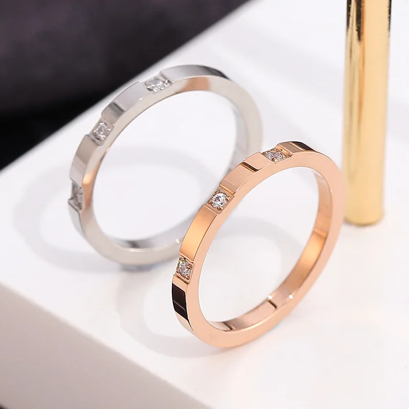2026 Korean Japanese Simple Fashion Titanium Steel Ring Three Diamond Index Finger Couple Personal Thin Band Diamond Trendy Jewe