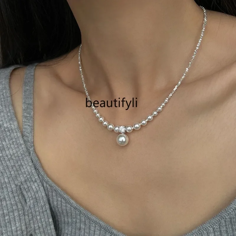 Gradual change pearl broken necklace femininity niche light luxury collarbone chain premium neck chain