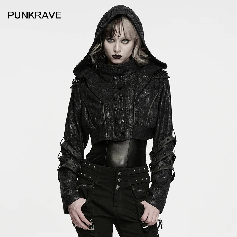 PUNK RAVE Women's Punk Ribbed Functional Texture Jacket Double-breasted Metal Croped Silhouette Large Collar Hood Club Coat