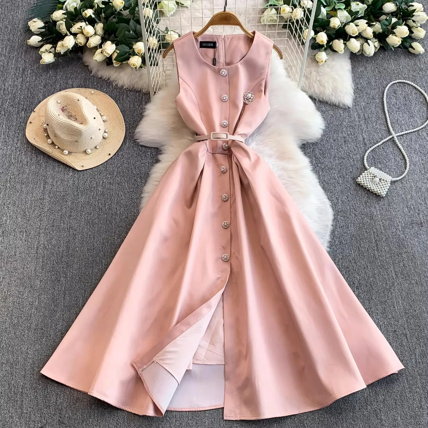 Fashion Runway Beeding A-line Midi Prom Dress Applique Sleeveless Belt Party Gowns Sweetheart Club Evening Dress