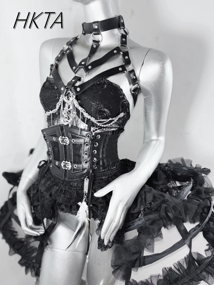 Donkere Stijl Goth Metalen Ketting Taille Rose Feather Geborduurde Tube Top Y2k Vrouwen Zomer Dunne Kant Geplooide Shorts Zwarte Rok Sets