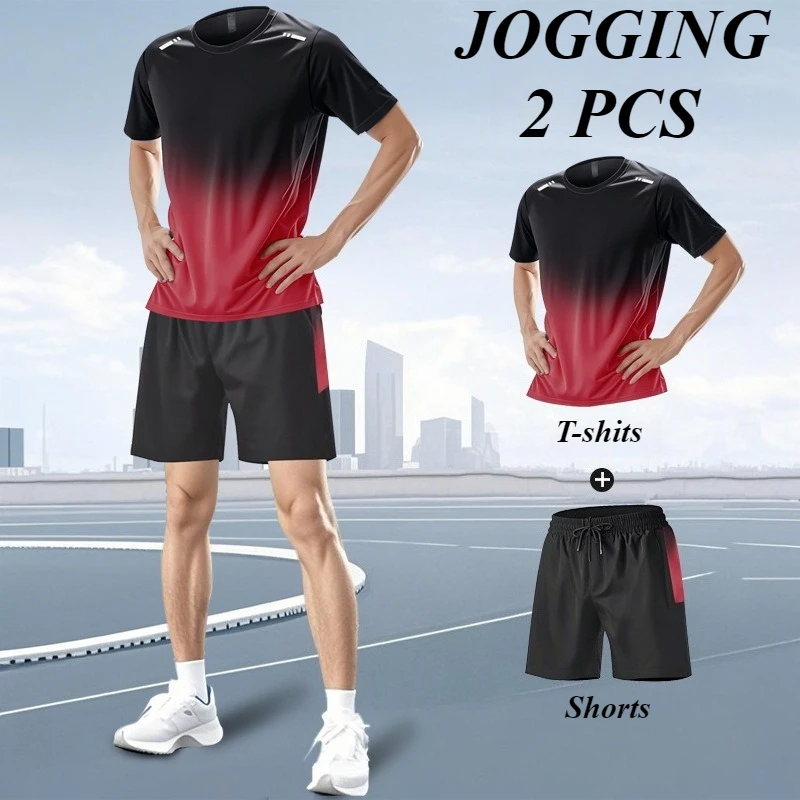 

Men's Summer Suit Outdoor Running Fitness Tracksuits Casual Short Sleeve T-shirts Shorts 2 Piece Fashion Quick Dry Sports Sets