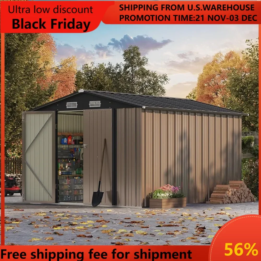 

8x10 FT Outdoor Storage Shed, Large Garden Tool Metal Shed with Sloping Roof and Double Lockable Door, Outdoor Shed fo