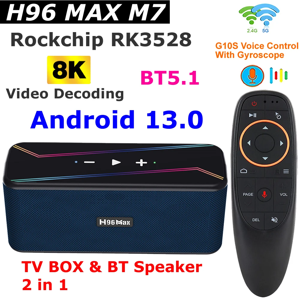 

H96 MAX M7 TV Box Android 13.0 Rockchip RK3528 8K Video Decoding 5G Dual Wifi Media Player 7W*2 Output Bass Sound BT5.1 Speaker